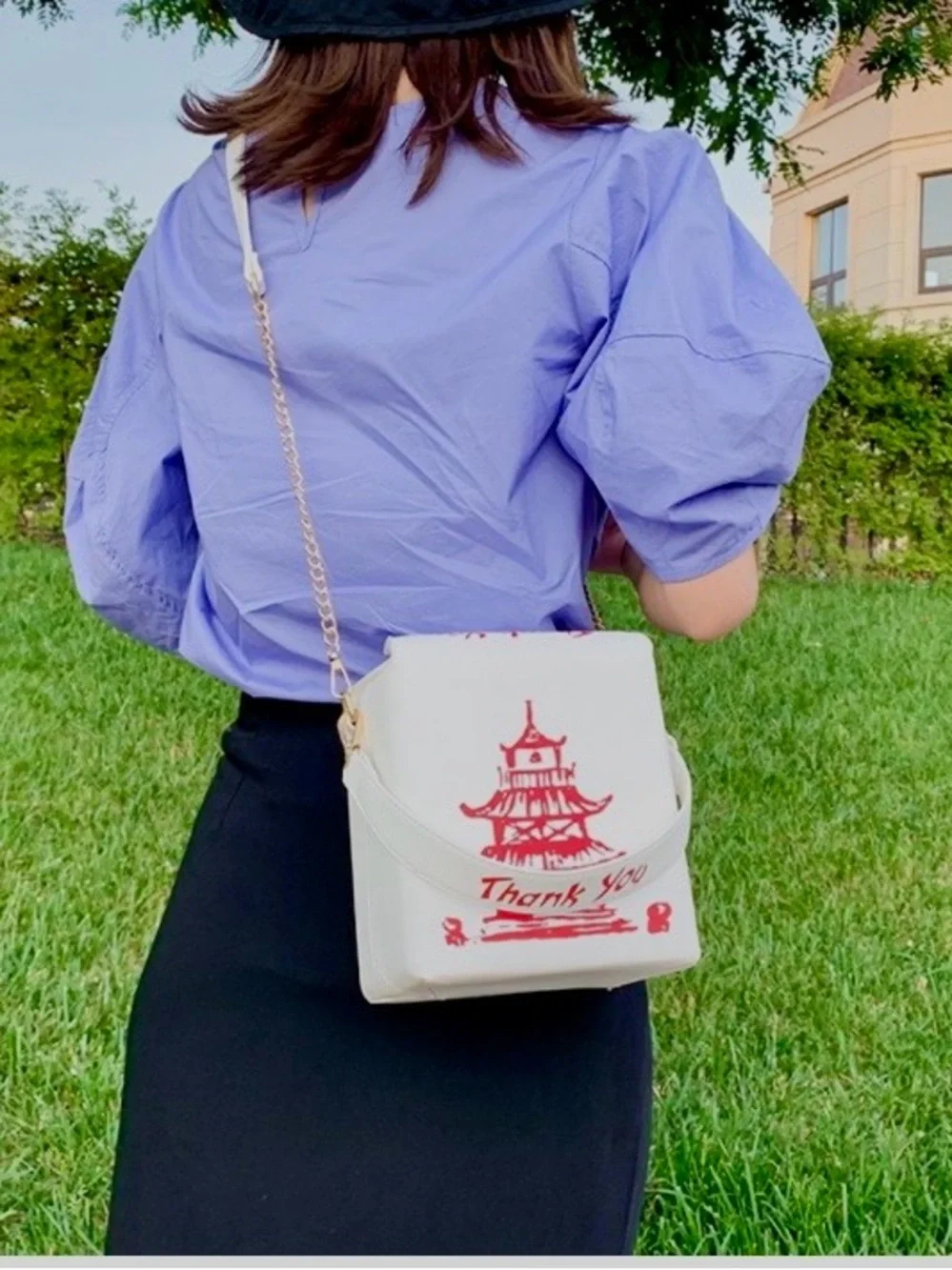Silver Asian Take-Out Crossbody Purse Bag + Red Pagoda Print 
